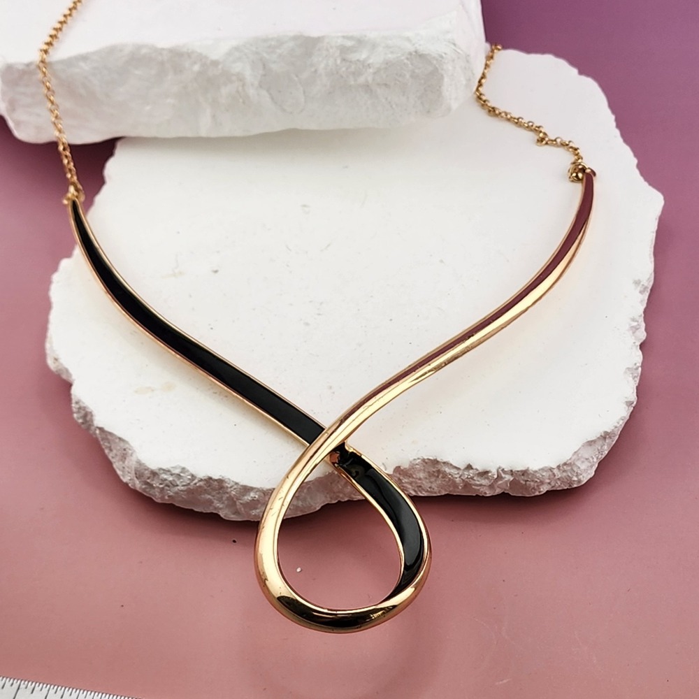 Berna Peci Gold Tone Black Enamel Infinity Loop Collar Necklace Statement Gift